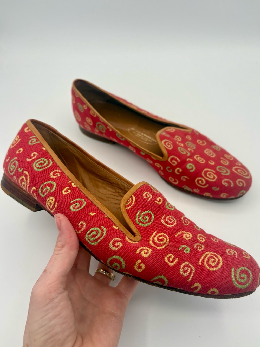 Stubbs & Wootton Red Fabric Leather Multicolor Spiral Print Loafer Women’s 8